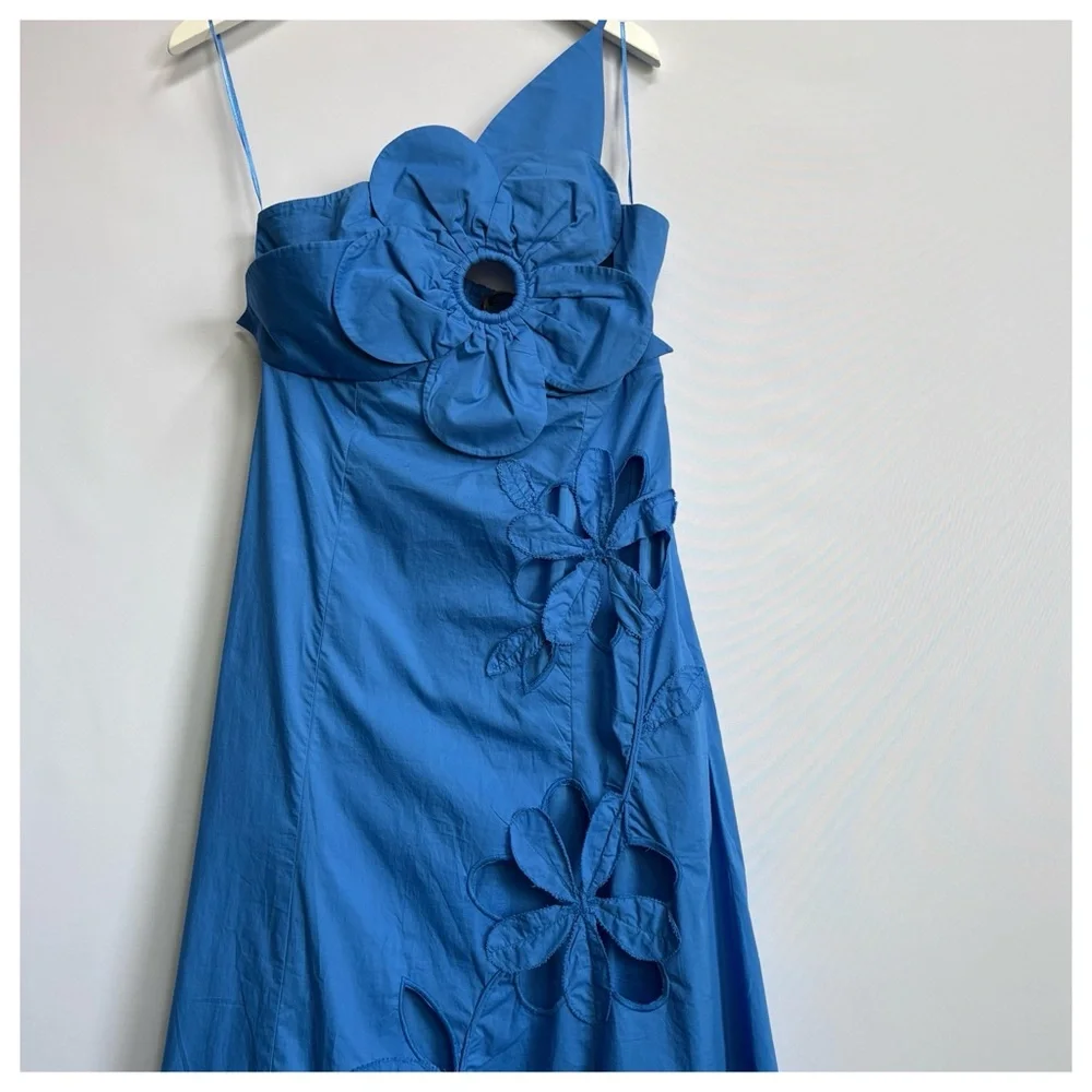 NWT Anthropologie One-Shoulder Cutwork Cutouts 3D Flower Blue Midi Dress - Picture 13 of 16
